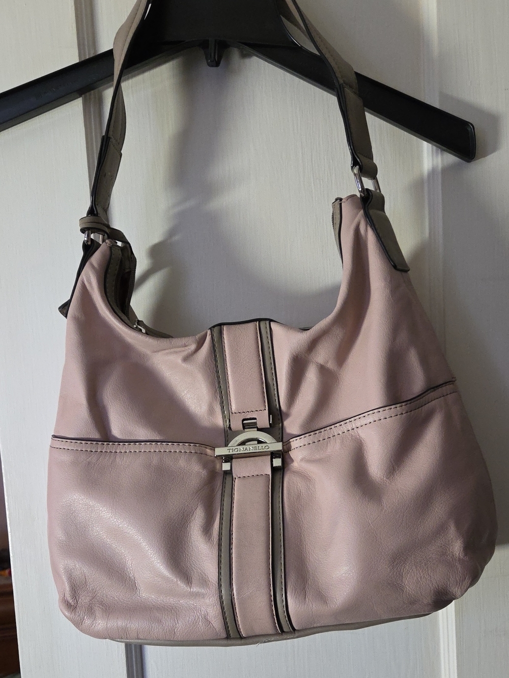 Tignanello Pale Pink Leather Shoulder Bag with Taupe Trim